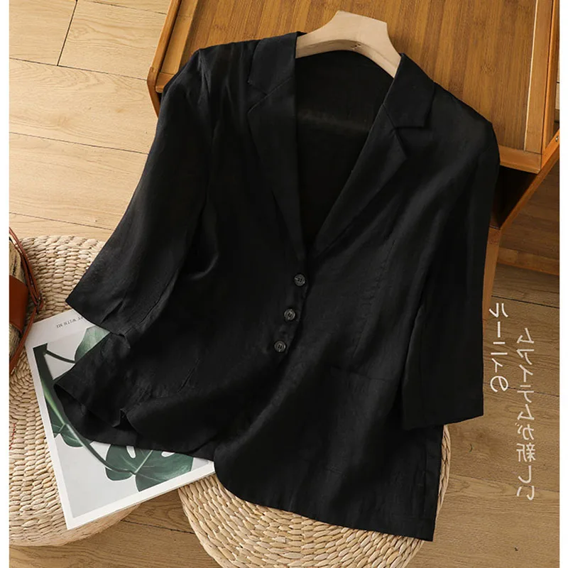 White Cotton Linen Five-point Sleeve Suit 2026 Women's New Summer Light Cool Casual Slim Linen Cardigan Suit Coat
