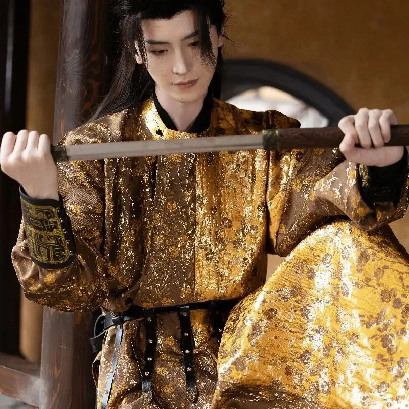 Winter Hanfu Men Leather Coat With Golden Robe Chinese Vintage Hanfu Carnival Cosplay Costume Tang Suit Hanfu Plus Size XL