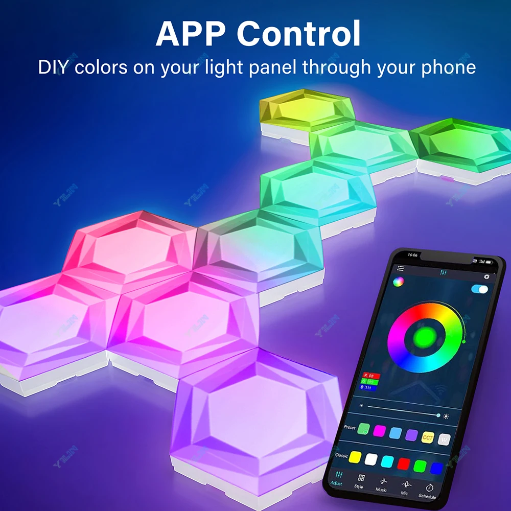 RGBIC Smart Hexagonal Wall Lamp Color Changing Ambient Night Light DIY Shape Music Rhythm APP For Game Room Bedroom Intelligent