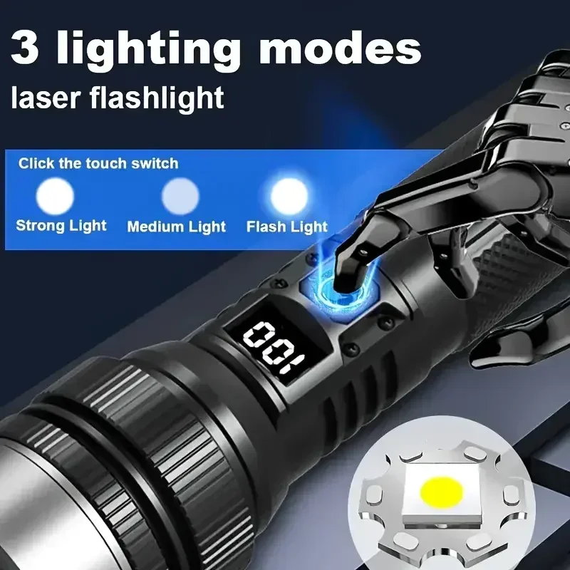 2000LM Self Defense LED Flashlight ABS Torch with Digital Display Portable TYPE-C Rechargeable Flashlights for Camping Hiking