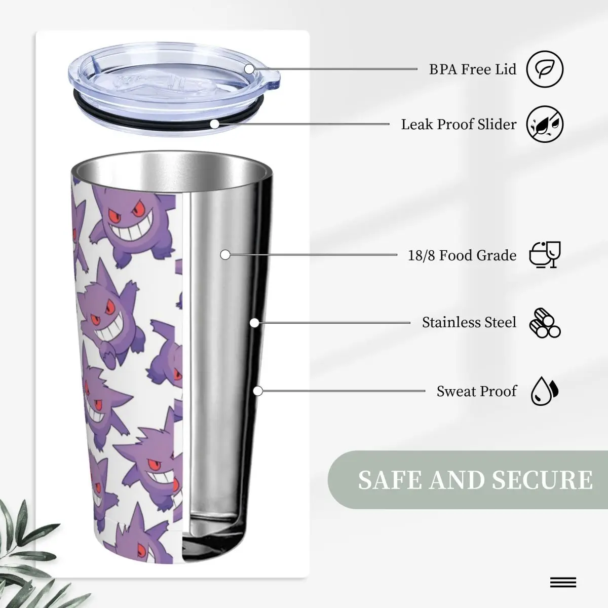 Pokemon Gengar botol termos kartun portabel, Tumbler isolasi kartun dengan tutup, cangkir kopi vakum luar ruangan 20oz