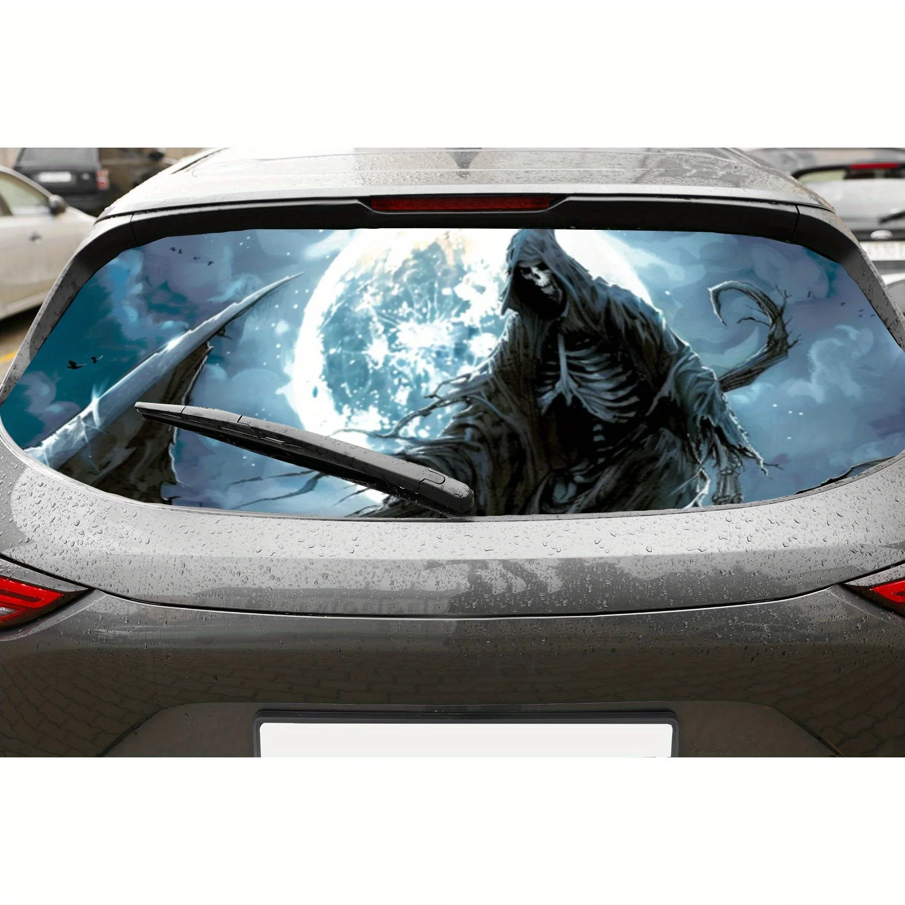 Moonlit Grim Reaper PVC Perforated Car Vinyl Wraps, Privacy Enhancing Design for Rear Window, Car Rear Windshield Sticker for Mo