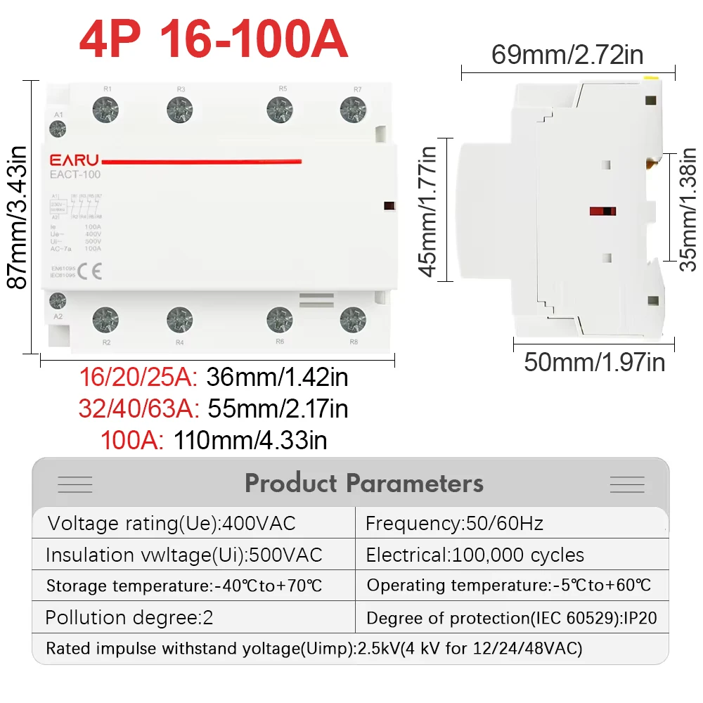 4P 16-100A AC/DC 24V 220V 50/60Hz Din Rail Household AC Modular Contactor Switch Controller 4NO 4NC 2NO 2NC DIY Smart Home Hotel