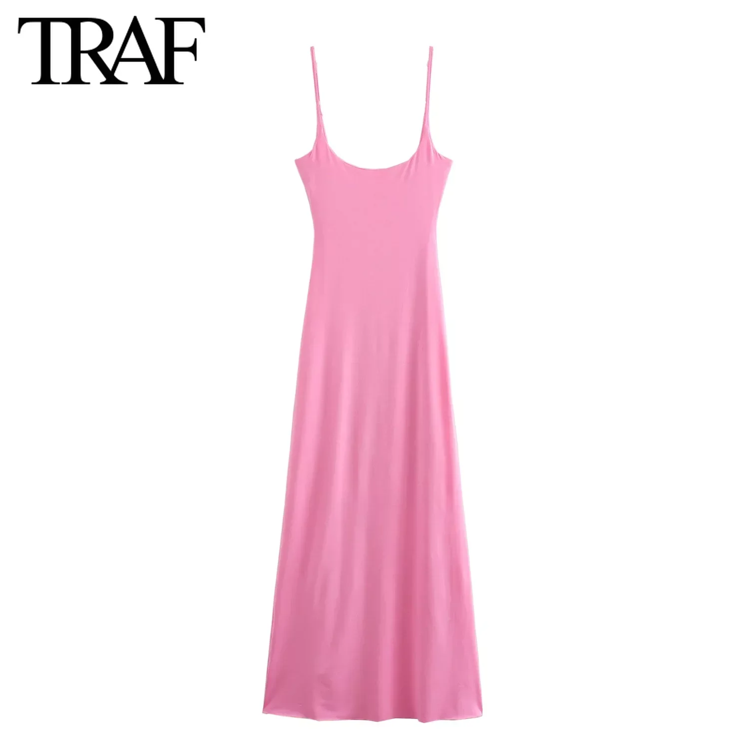 TRAF Women Fashion Summer New Sleeveless Backless O-Neck Fine Sling Long Dress Chic Female French Elegance Evening