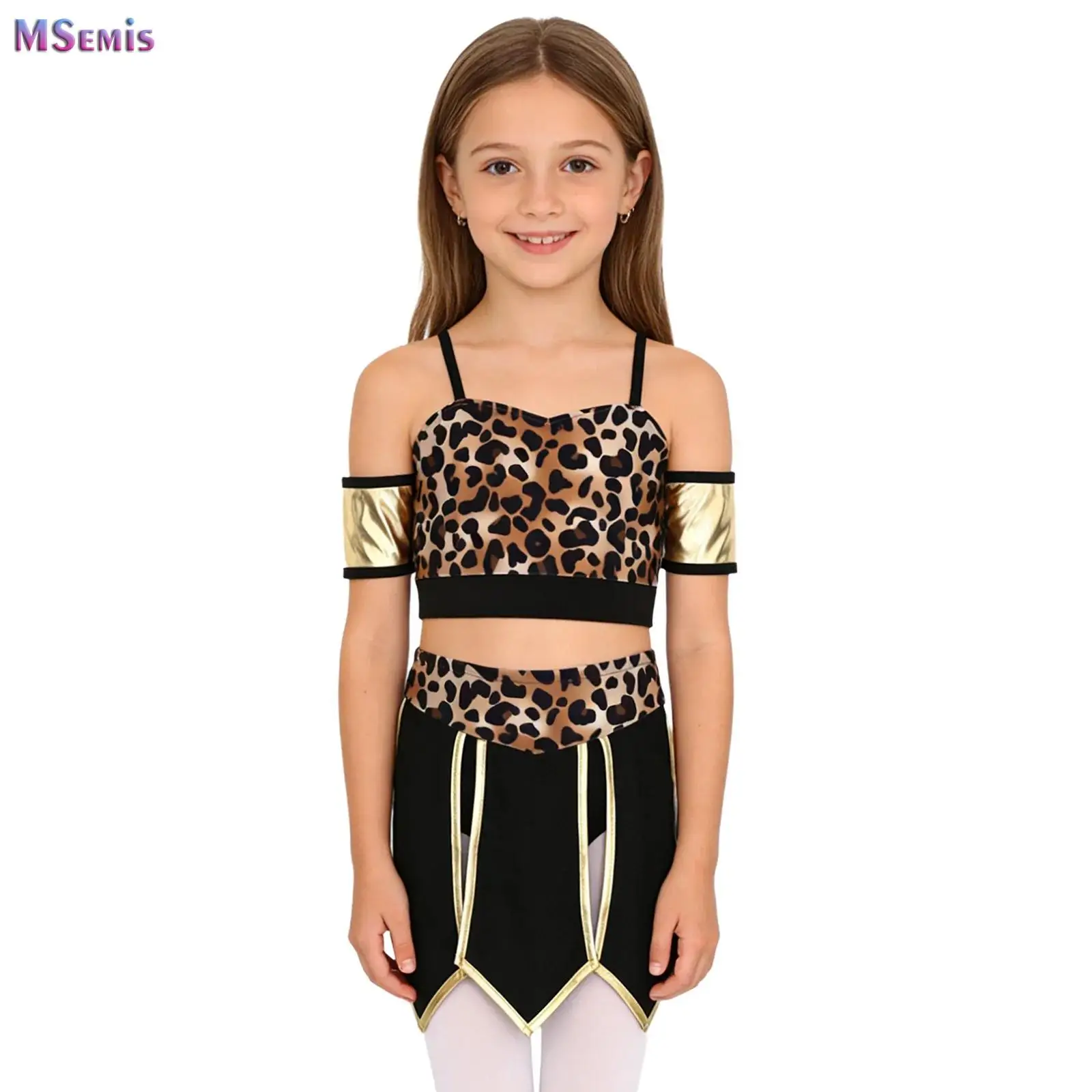 

Girls 2 Pieces Prehistoric Cave Stone Themed Dance Costume Halloween Outfit Leopard Print Sleeveless Tank Top with Skirt Set
