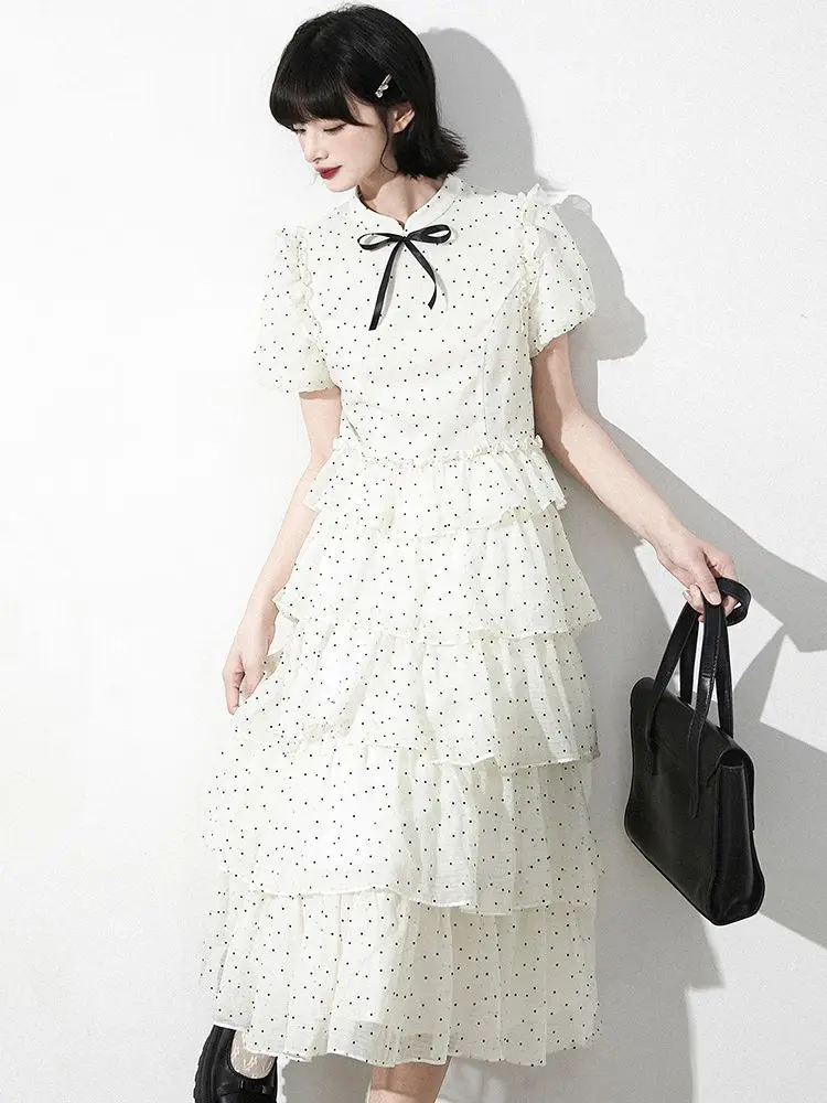 

SOIOMES Белые волнистые длинные платья в горошек с объемными рукавами и рюшами по краям и бантом для торта