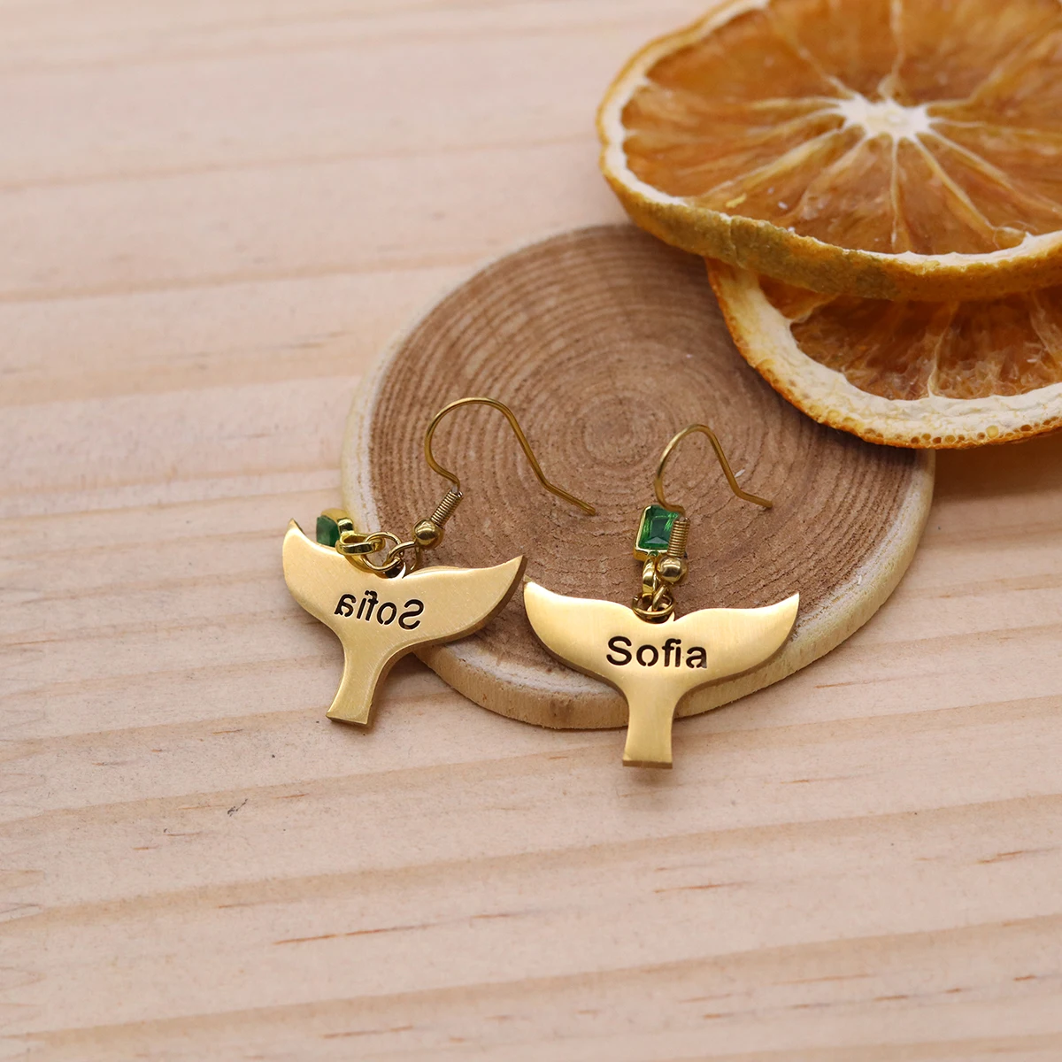 Chandler Custom Name Whale Tail Earrings with Green Zircon, Marine Life Themed Dangle Earrings, Ethnic Jewelry for Women