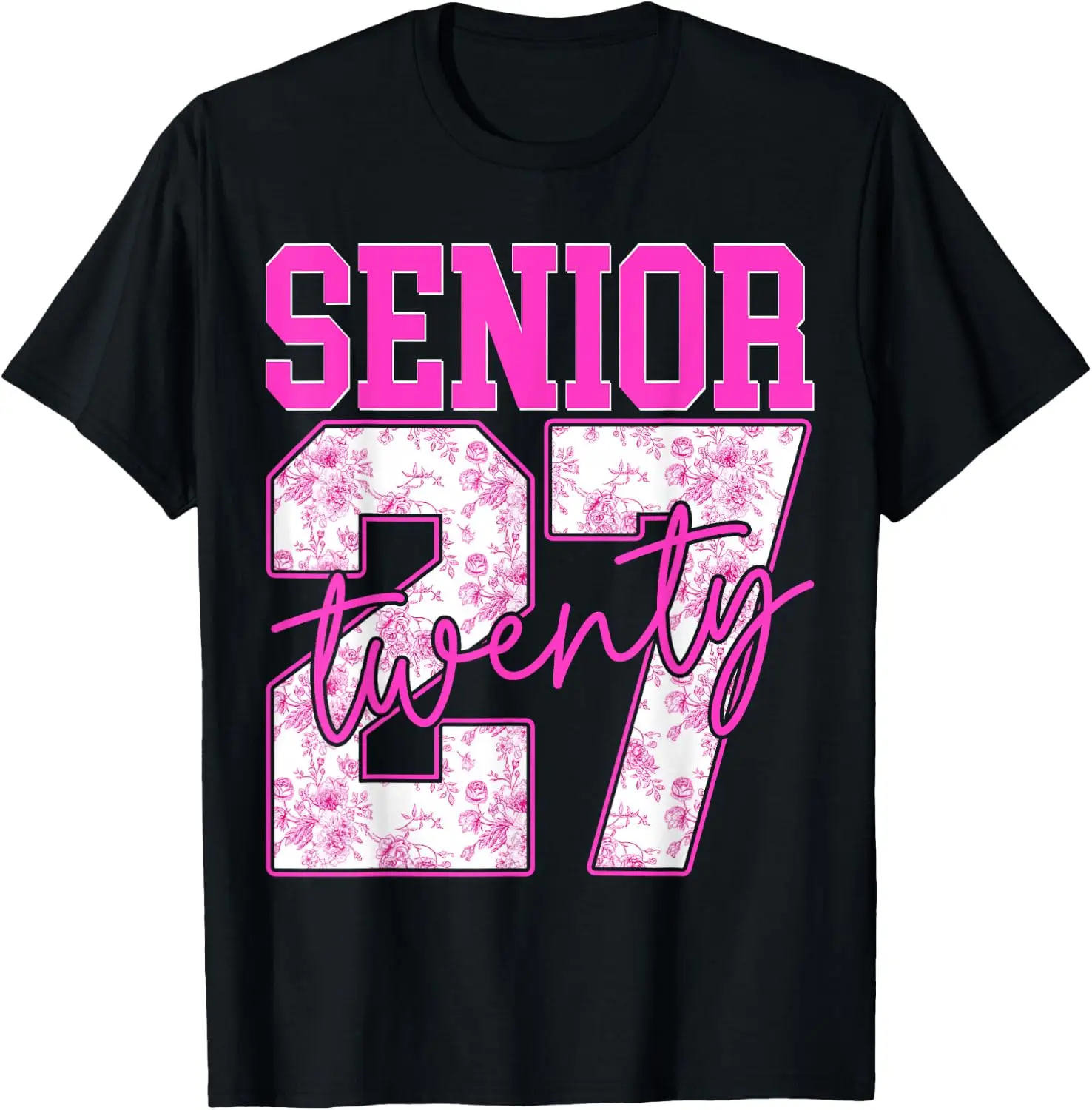 Senior Class Of 2027 Pink Flower Graduation Grad Girl T-Shirt Summer short-sleeved breathable sweat-wicking versatile fashion T-shirt for back-to-school season, unisex, Y2K Fashionable Cartoon Anime
