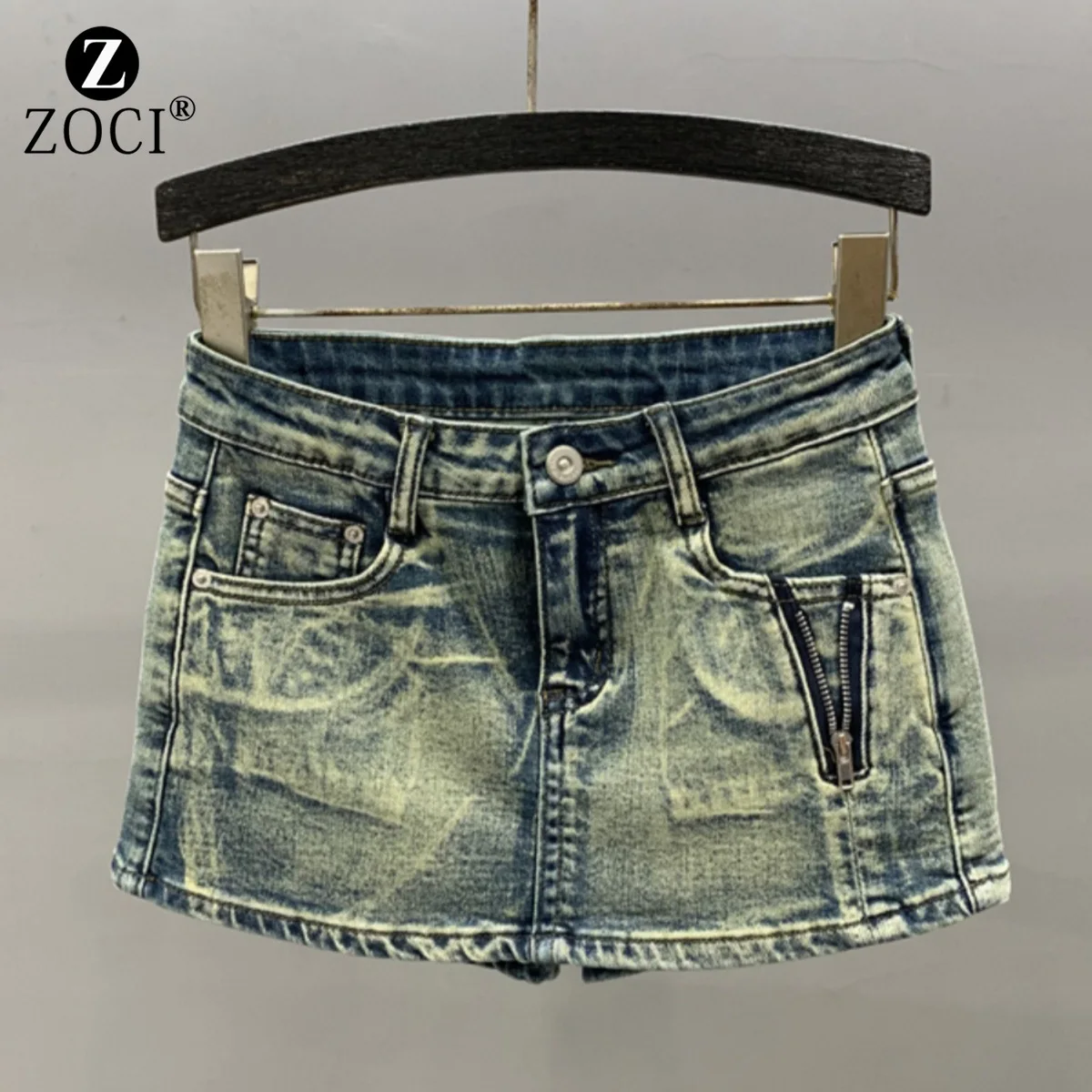 [zoci] High Waisted Denim Shorts Skirt Summer Vacation, Two Piece Design, A-line Hip Hugging Skirt