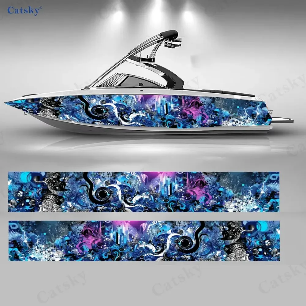Pink-Blue Swirl Cloud Graffiti Boat Stickers, PVC Waterproof Vinyl Wrap Decals for Fishing Boats, Durable and Stylish Design