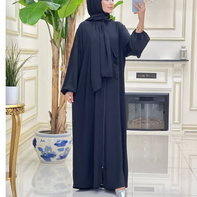 Solide marocain printemps Robe musulmane malais Simple fermeture éclair manches longues femmes Abayas Hijab ample col rond Robe Femme ample turquie caftan