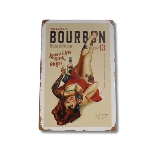Bourbon Whiskey Pinup Girl Blechschild, Vintage Bar Männerhöhle Deko