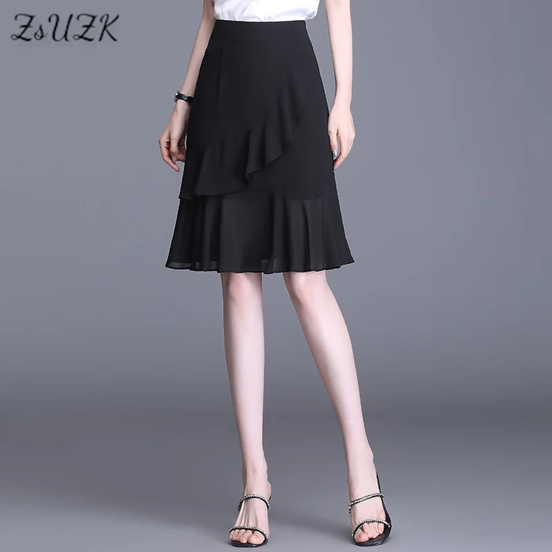 ZUZK Women Black Chiffon Skirt New Summer Soft High Waist Elegant Lady Skirt Simple Droop Knee-Length Skirt Jupe