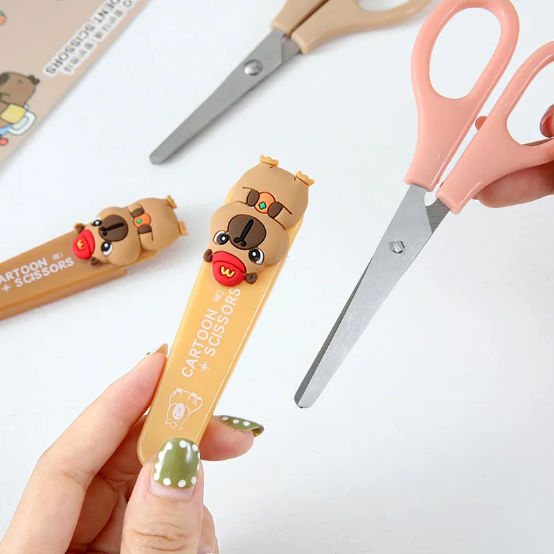 3/1 قطعة مقص قرطاسية كابيبارا لطيف رأس مستدير آمن من الفولاذ المقاوم للصدأ مقص فني قاطع الورق مع حافظة واقية