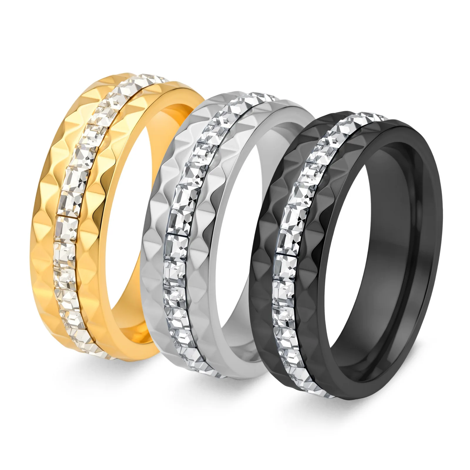 6mm Stainless Steel CZ Eternity Pyramids Ring Wedding Band for Women Men Size 6-11