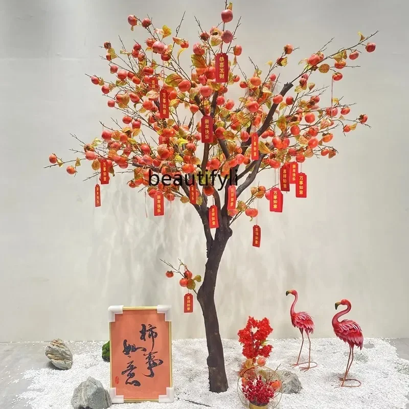 A85 Blessing Wishing Tree Simulation Persimmon Tree Indoor and Outdoor New Year Decoration Large Green Plant Home Decoration