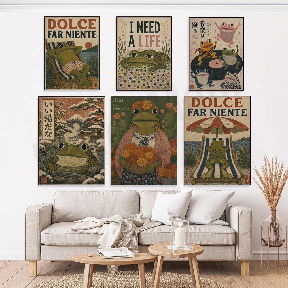 Retro frog art, dancing frogs, reading, Japanese frog music, humorous toad prints, whimsical animals, Ukiyo-e style posters