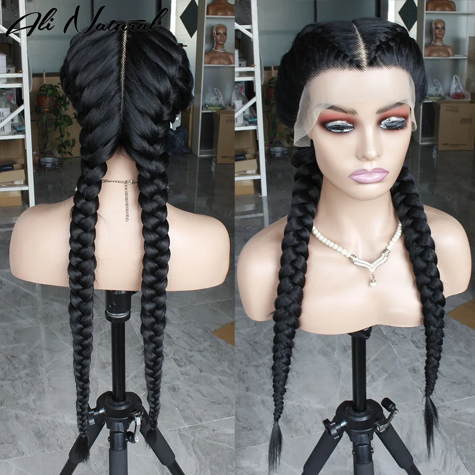 Synthetic Lace Wig Long Braided Wigs Lace Wig With 2 Braids For Black Women African Box Cornrow Braids Wigs