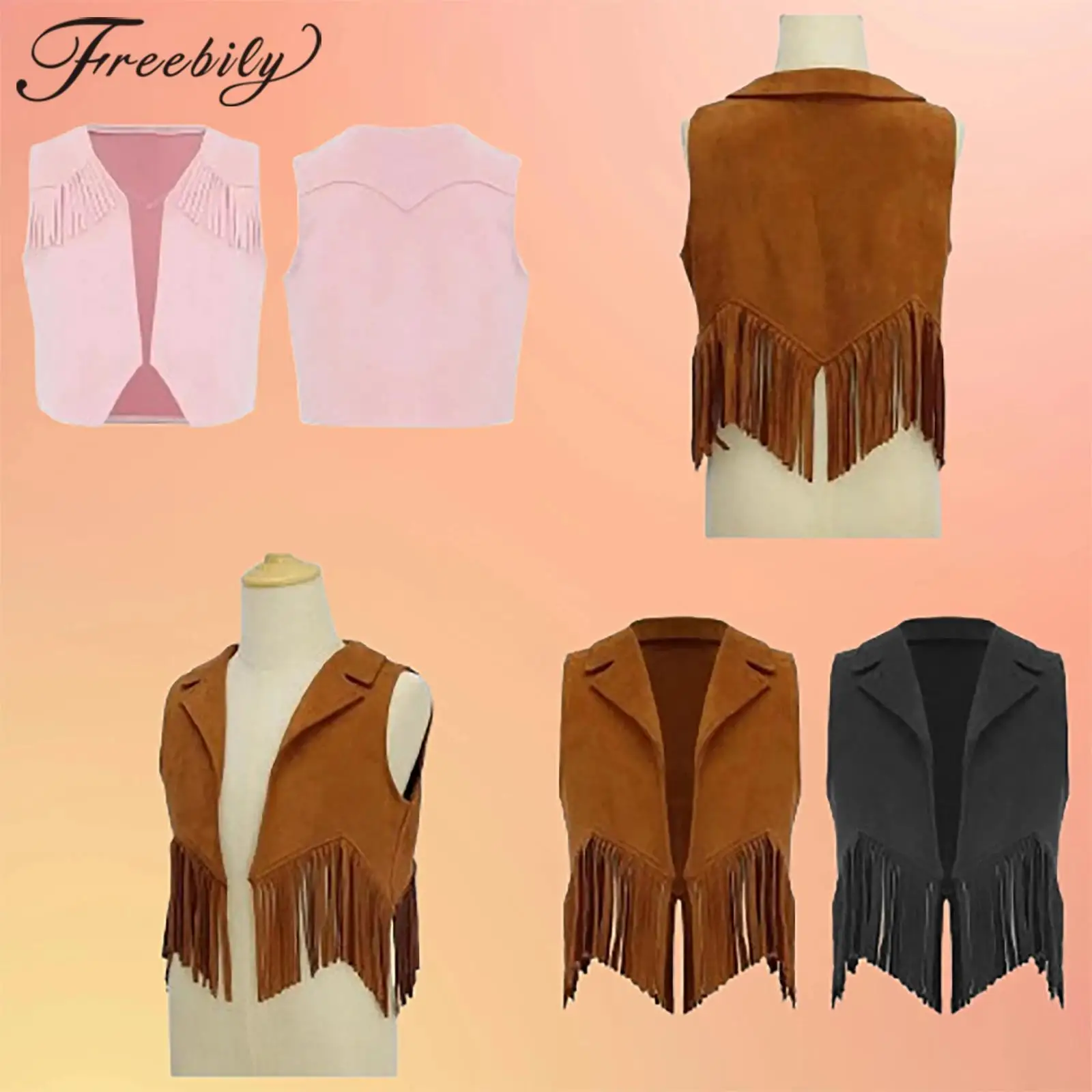 Children's Halloween Tassels Waistcoat Suede Fringe Vest Western Cowgirl Costume Girls Stage Performance Carnival Party Costume