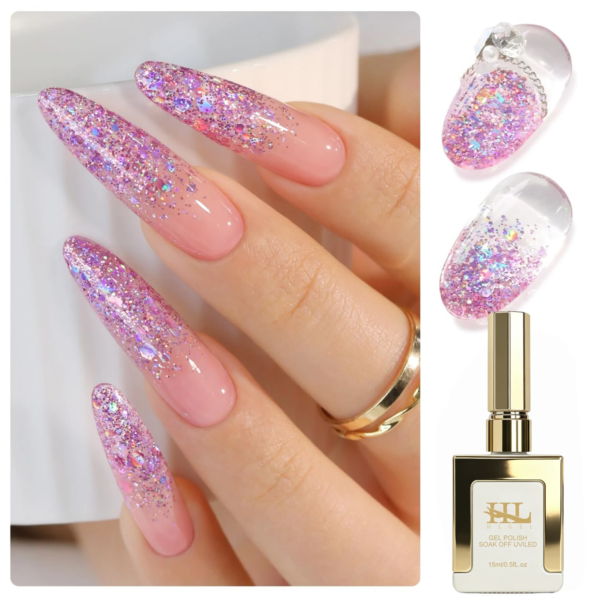 15ml Holographic Purple Glitter Nail Gel Polish, Sparkle Chunky Sequins UV LED Soak Off Gel for Halloween Christmas Nail Art