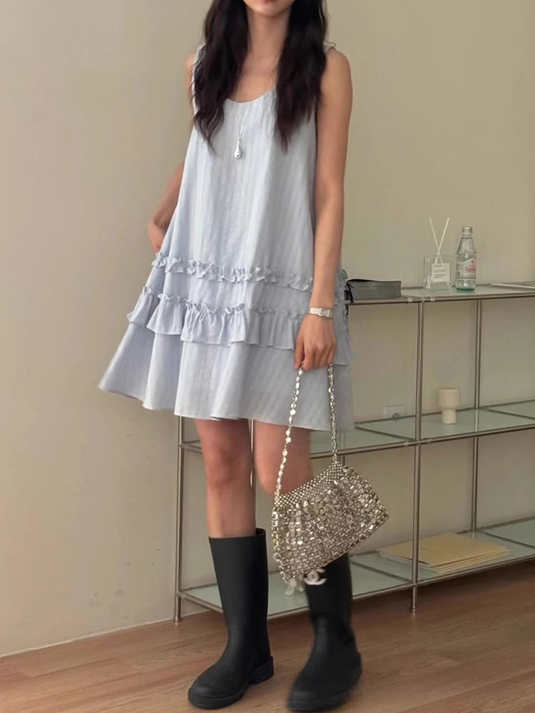 Vestido de Verão com Detalhes em Renda Liangliang, Novo Estilo E, Sem Mangas, Saia em Camadas, Saia Curta, Estilo Core...