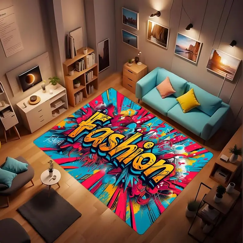Rainbow Color Raised fist Colorful Rug, Graffiti fist Declare Sovereignty Art Carpet, Non-Slip Washable Carpet, Suitable for