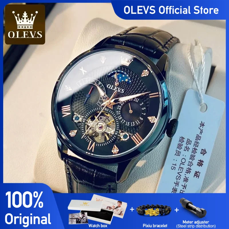 OLEVS Men\'s Watches Business Skeleton Automatic Mechanical Wristwatch Waterproof Leather Calendar Date Watch for Man New Arrival