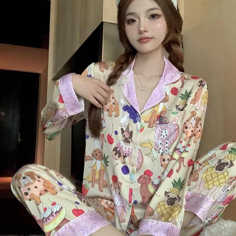 Women\'s New Pajamas Homewear Set Cartoon Graffiti Spring and Summer Ice Silk Thin Section Pajamas Long-Sleeved Girls Homewear