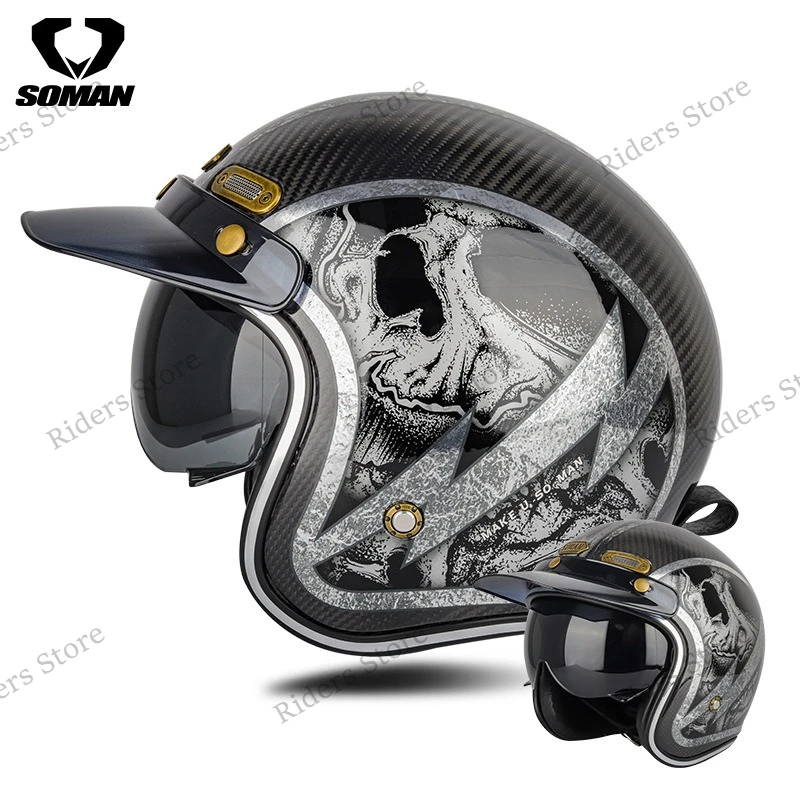 3C Certified Carbon Fiber 3/4 Retro Motorcycle Helmet, Men Summer Open Face Half Helmet for Scooter Electric Bike