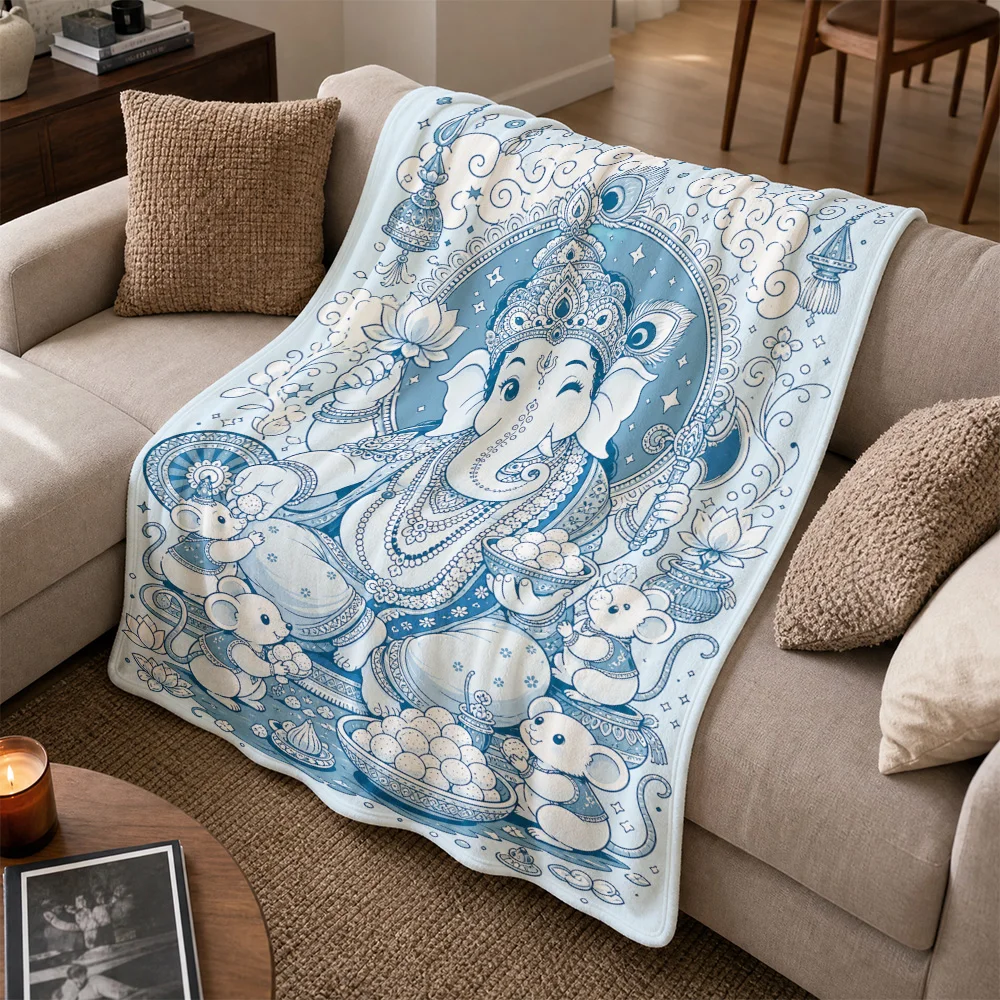 Large Ganesha Elephant God Throw Blanket Blue and White Indian Home Decor Couch Sofa Throw Nap Spread Hindu Mythology Spiritual