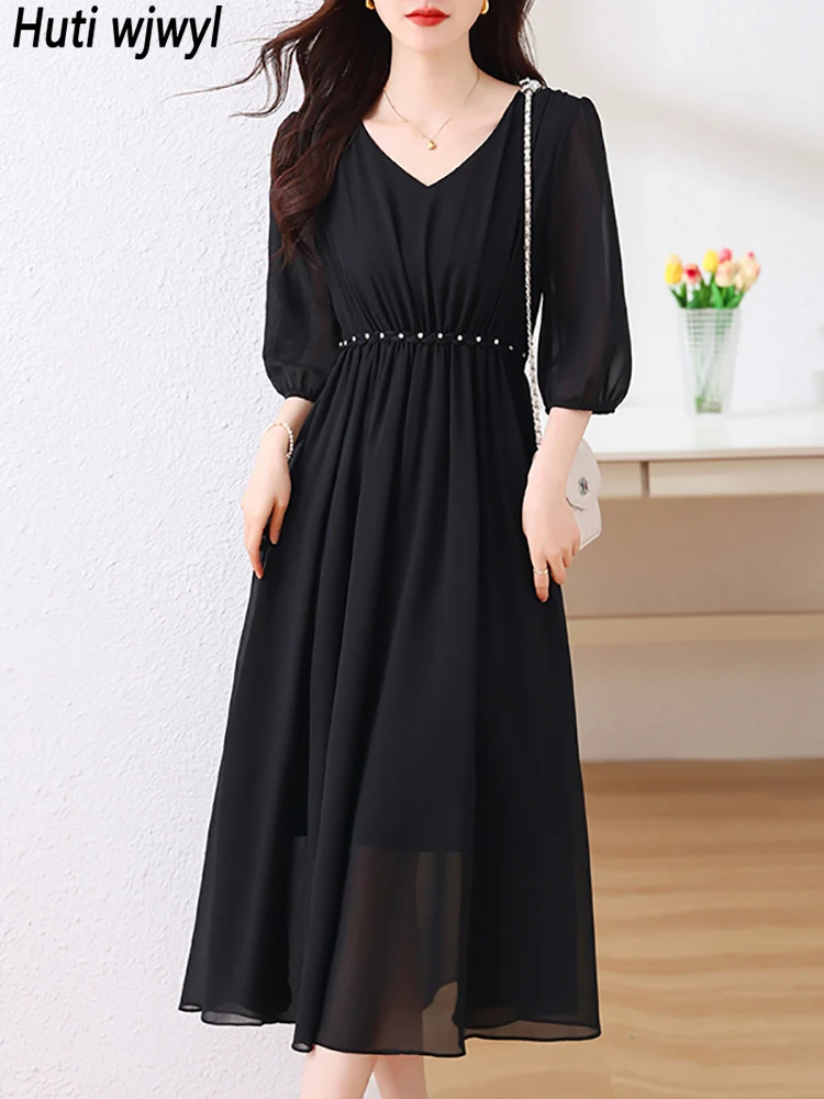 Black Chiffon Elegant Party Solid Long Vestido Women Elegant Prom Midi Clothes 2024 Summer Vintage Hepburn Evening Pleated Dress