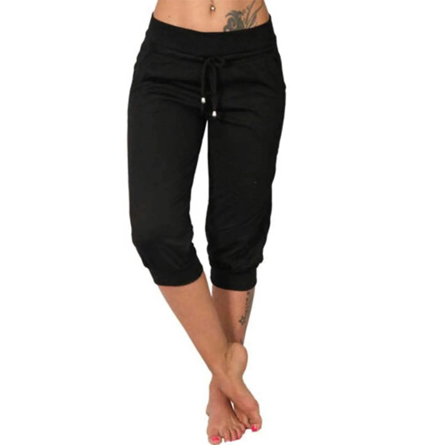 Sweet Capri Pants Drawstring Waist Crop Pants Elastic Waistband Three Quarter Pants Knee Length Solid Pink Cropped Trousers