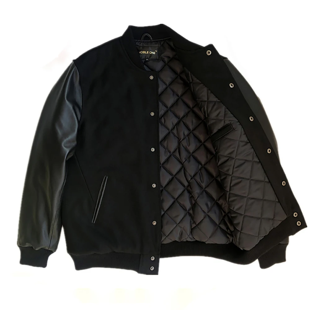 Primavera inverno vera pelle di pecora scuola College Team trapuntata giacca College uomo maniche in pelle cappotto da Baseball in lana colore nero