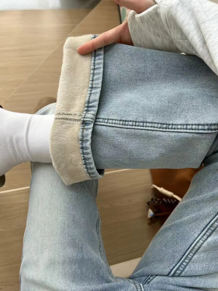 Hoge Taille Fce Gevoerde Thiened Micro Flared Jeans Vrouwen Winter Plus Size Vet MM Denim Broek Hoge Taille Cover Hip Klein Formaat