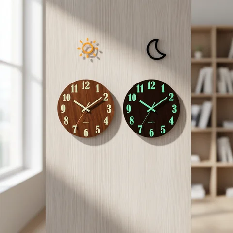 12 Inch Luminous Wall Clock Wood Silent Light in Dark Night Nordic Fashion Wall Clock Non Ticking Clock With Night Light