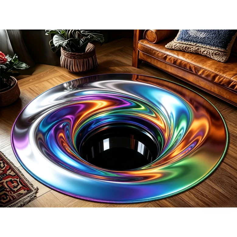 2D Vortex Illusion Round Area Rug Iridescent Swirl Rainbow Art Floor Mat for Living Room Game Room Home Interior Decoration