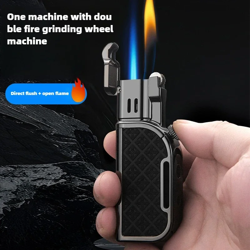 Creative Grinding Wheel Double Flame Lighter, Direct Injection + Open Flame Butane Gas Lighter, with Cigar Drill