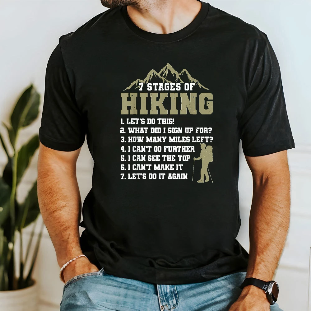 7 STAGES OF HIKING Summer Men Cotton T-Shirts Vintage Distressed Mountain Print Backpack Hiker Humor Camping Holiday Apparel