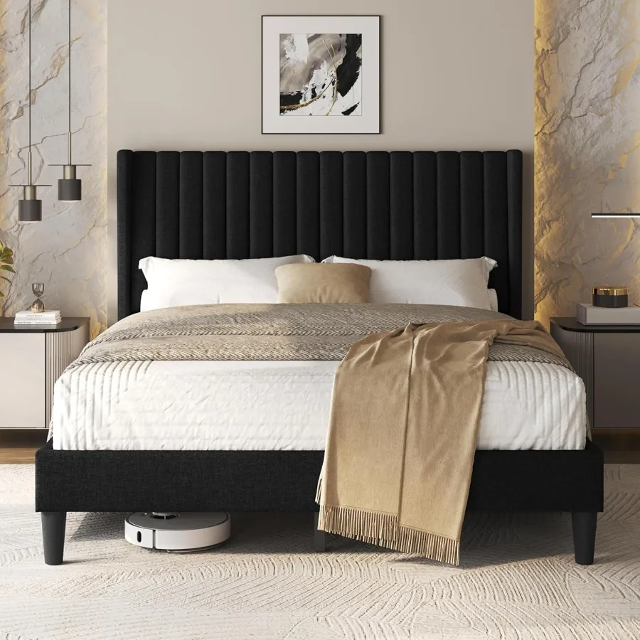 Bed Frame with Headboard, Channel-Tufted Platform