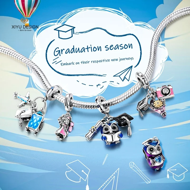 2026 New 925 Sterling Silver Graduation Cap Tulip & Bachelor's Hat Scroll Owl Charm Fit  Bracelet DIY  Jewelry Graduation Gift