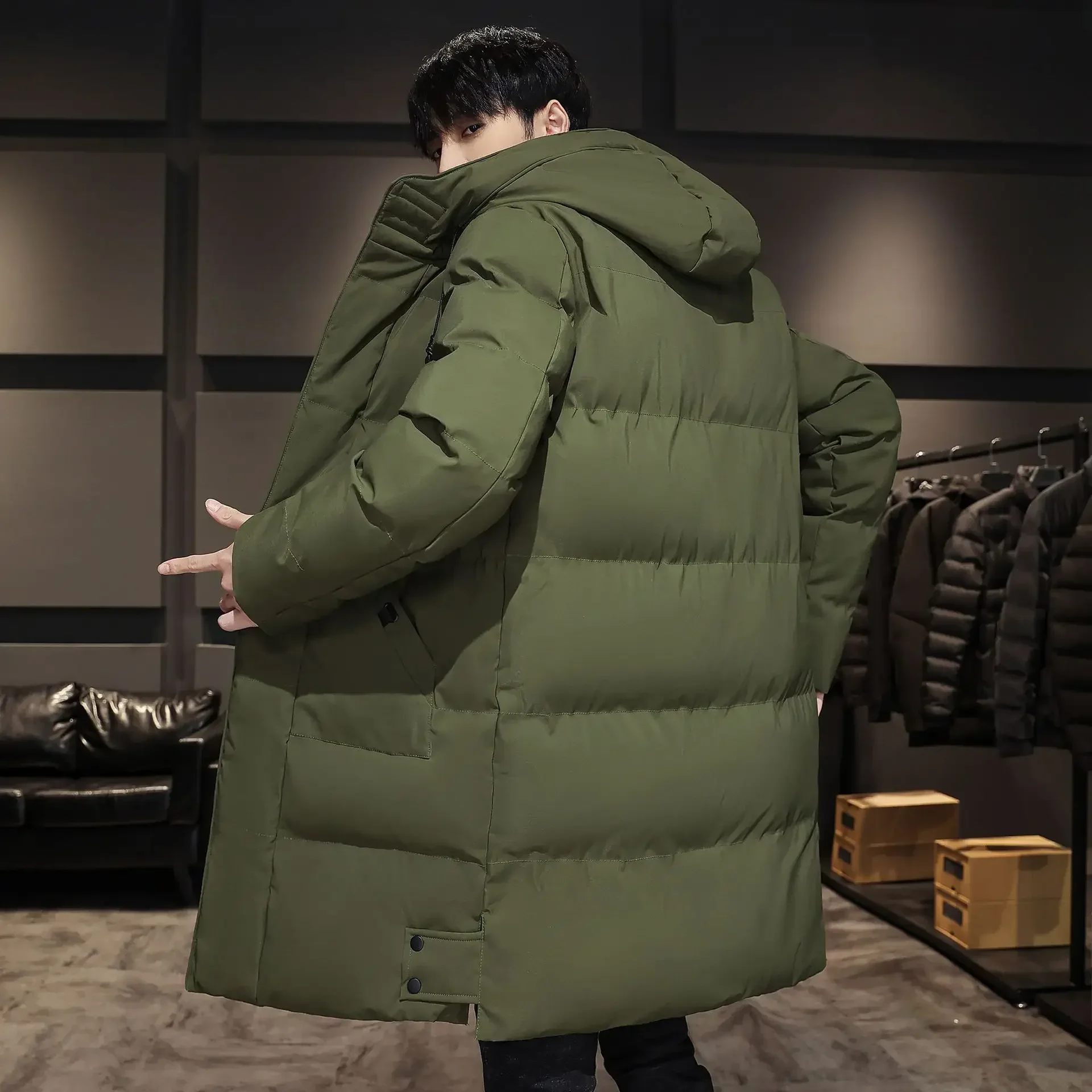 Korean Down Cotton Jacket Winter Lengthened Cotton Coat Men's Medium-length Knee Thickened Hooded Cotton Clothing