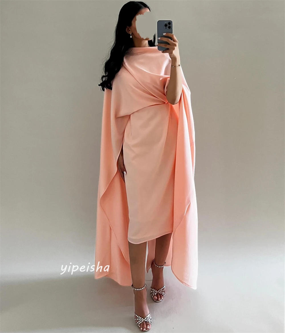 Jiayigong  Satin Draped Pleat Celebrity Sheath High Collar Bespoke Occasion Gown Midi Dresses