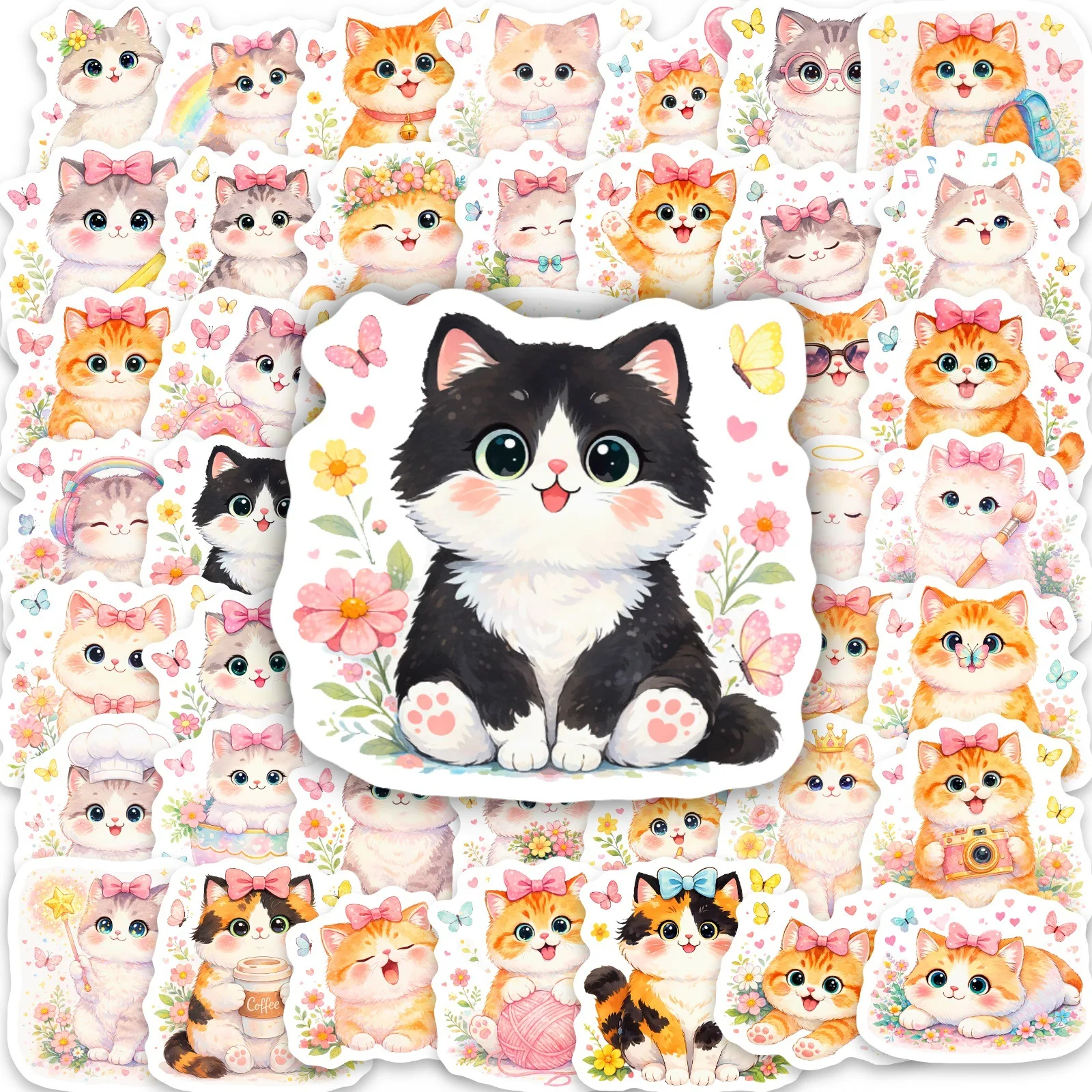

50-Pack Adorable Watercolor Cat Doodle Stickers Notebook Guitar Luggage Stationery Waterproof Decals