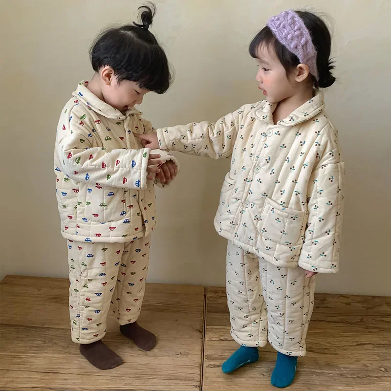 18M-8Y Children Sleepwear Winter Thickened Girls Cotton Baby Plush Boys Home Clothes Sets