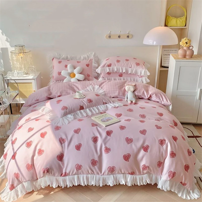 

High-value Pure Cotton Lace Home Bedding Suit Cute Flower Love Printed Pattern Duvets Cover Girly Bedroom Decor Four Piece Set