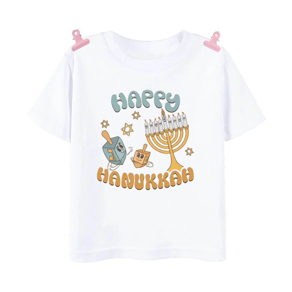 Happy Hanukkah Printed Kids Shirts Jewish Holiday Child Outfit T-shirt Boys Girls Holiday Clothes Tops Toddler Short Sleeve Tee