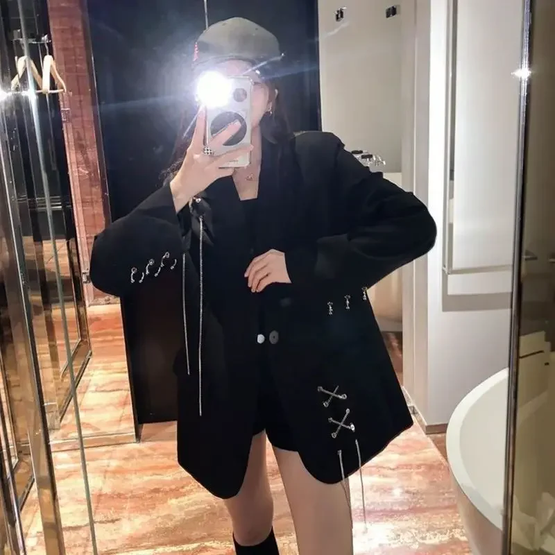 Harajuku Women Jackets Black Gothic Punk Hip Hop Solid Vintage Blazer Coat Women Chic Chain Loose Jacket Streetwear Women Blazer