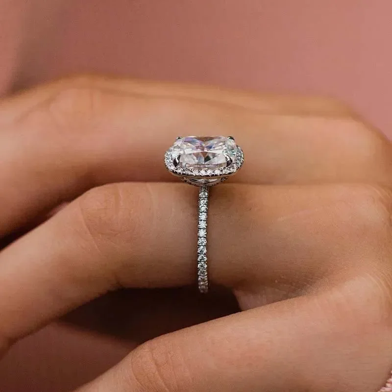 Simple 925 Sterling Silver Oval Finger Ring Band Dazzling Brilliant Zircon Stone Four Prong Setting Wedding Anniversary Gift