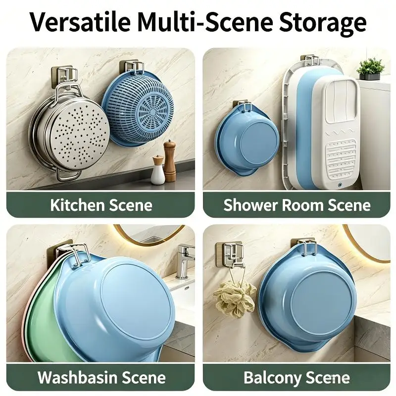 Rustproof Stainless Steel Washbasin Hook Punch-Free Wall Mount Hanger for Kitchen Bathroom Towel Basin Organizer
