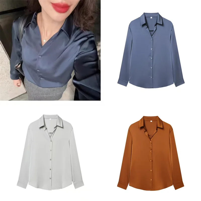 

Women's Shirt 2025 Winter New Solid Color Long-Sleeve Satin Texture Simple High-End Shirt Elegant and Stylish Fashion